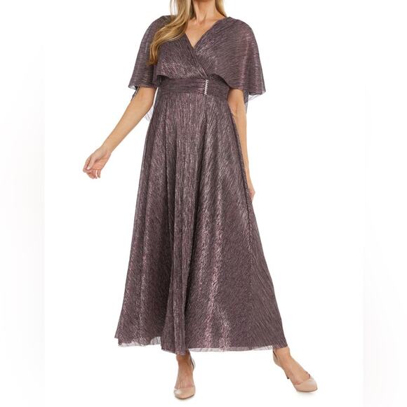 R&M Richards Metallic Pleated Caplet Gown with Rhinestone Detailing Wine Sz 18W - Picture 1 of 11
